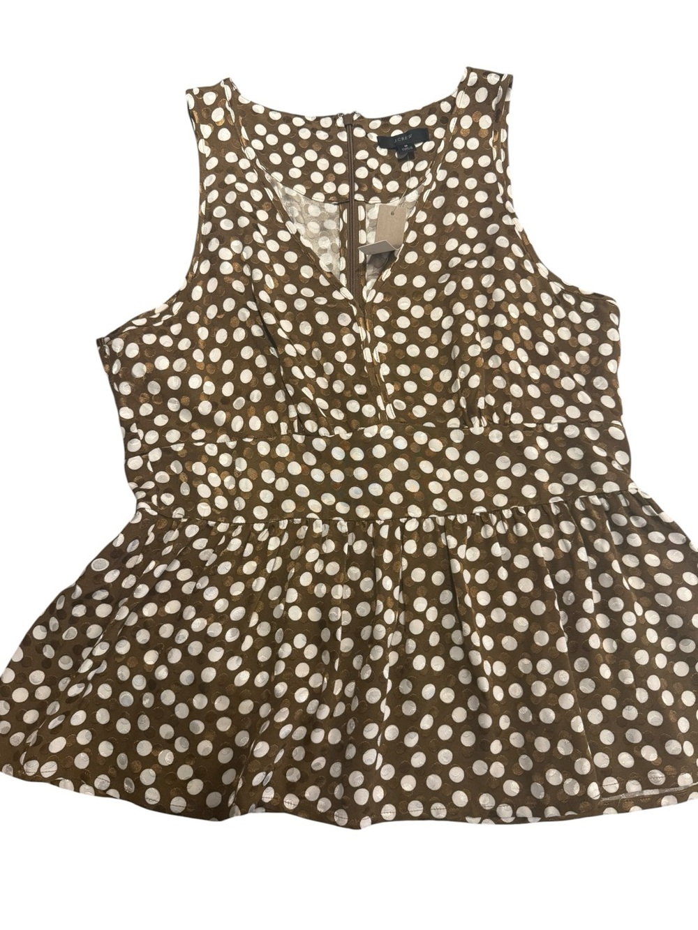 J. Crew Brown and White Polka Dot Peplum Shirt